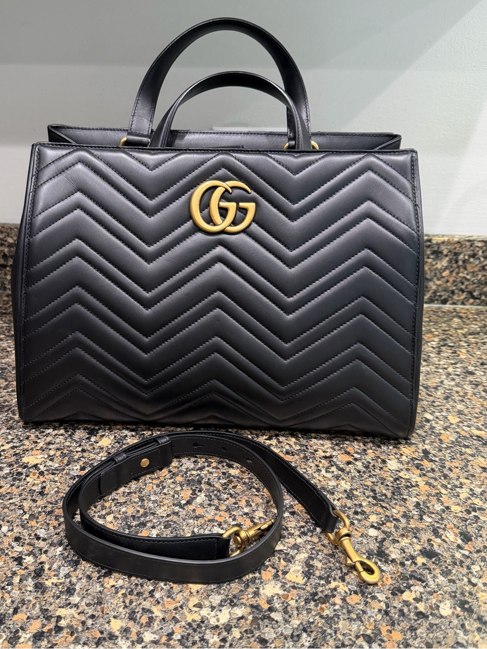 Gucci Black GG Marmont Chevron Top Handle Bag (large
